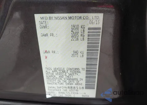 2015 Nissan Altima 2.5 Sl z USA, uszkodzony, nr VIN 1N4AL3AP2FN888518